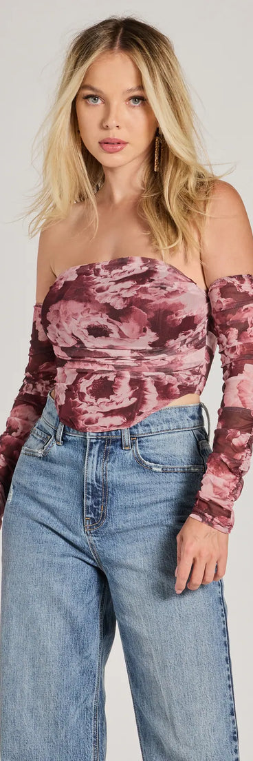 The Floral Fantasy Long Sleeve Mesh Bustier in wine with a modern design and trendy look is part of the latest women's tops collection to elevate your 2025 wardrobe.