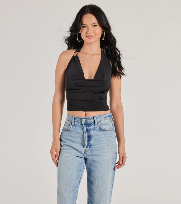 The Elevated Sleek Knit Cowl Neck Halter Top in black brings edge and energy to your vibe, ready to elevate any festival look or concert outfit.