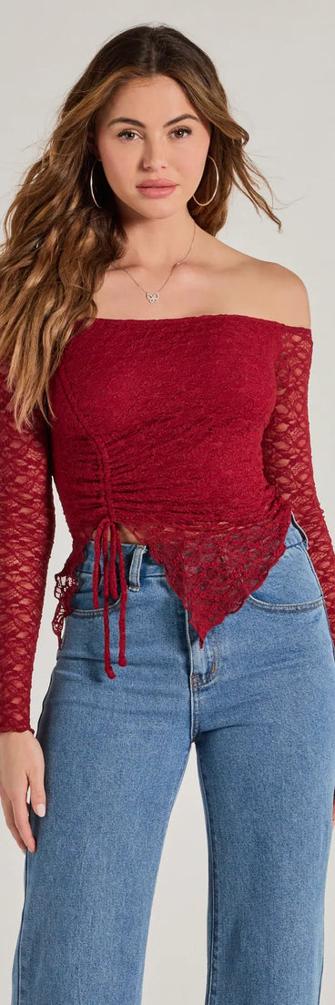 The Trendy Babe Off-The-Shoulder Ruched Lace Top in burgundy with a modern design and trendy look is part of the latest women's tops collection to elevate your 2025 wardrobe.