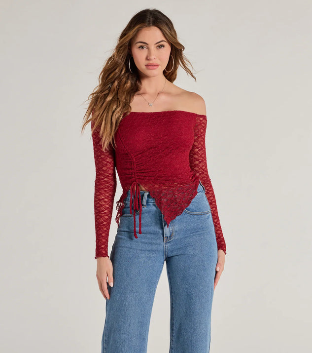 The Trendy Babe Off-The-Shoulder Ruched Lace Top in burgundy with a modern design and trendy look is part of the latest women's tops collection to elevate your 2025 wardrobe.
