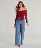 Add a sleek touch to your outfit with this burgundy long sleeve top—the Trendy Babe Off-The-Shoulder Ruched Lace Top makes effortless transitions from desk to dinner.