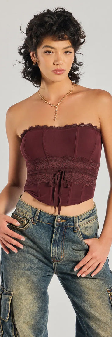 The Chic Attitude Lace Trim Mesh Corset Top in wine with a modern design and trendy look is part of the latest women's tops collection to elevate your 2025 wardrobe.