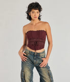 The Chic Attitude Lace Trim Mesh Corset Top in wine with a modern design and trendy look is part of the latest women's tops collection to elevate your 2025 wardrobe.