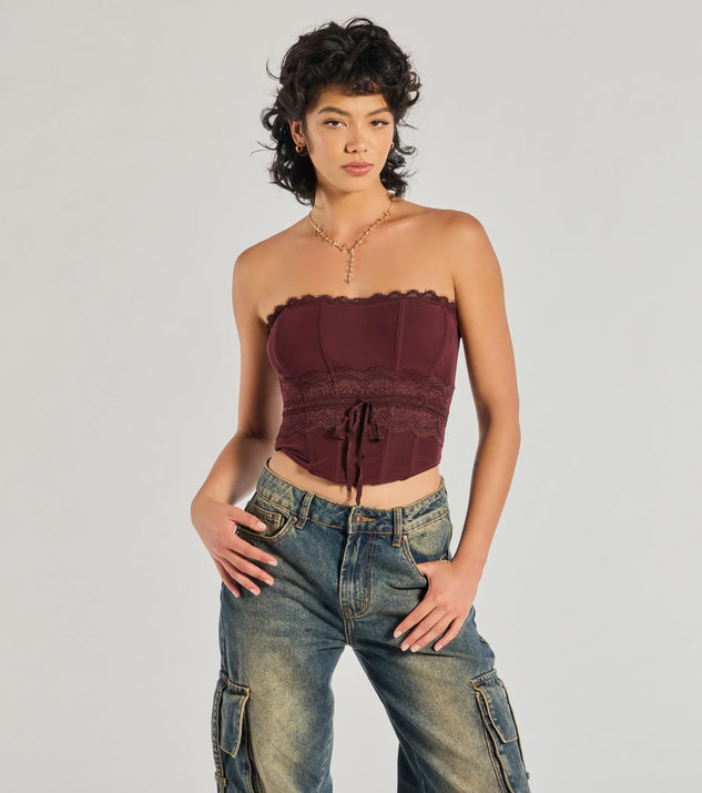 The Chic Attitude Lace Trim Mesh Corset Top in wine with a modern design and trendy look is part of the latest women's tops collection to elevate your 2025 wardrobe.