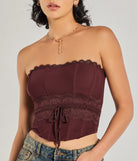 The waist-defining bodice style of the Chic Attitude Lace Trim Mesh Corset Top in wine is perfect for making a statement with your outfit and provides the structure, molded cups, or lace-up details that capture the corset trend.