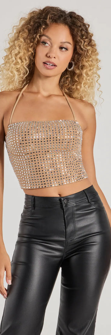 The Party Mood Rhinestone Mesh Crop Top in nude with a modern design and trendy look is part of the latest women's tops collection to elevate your 2025 wardrobe.
