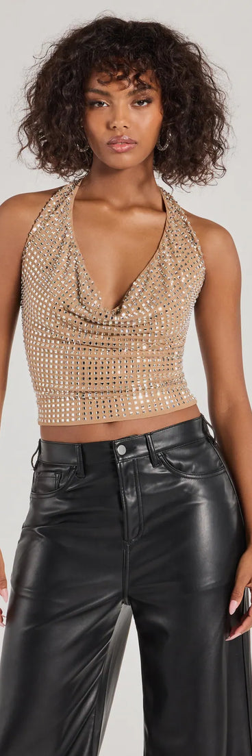 The Glitzy Chic Cropped Rhinestone Halter Top in nude with a modern design and trendy look is part of the latest women's tops collection to elevate your 2025 wardrobe.