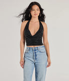 The Glitzy Chic Cropped Rhinestone Halter Top in black with a modern design and trendy look is part of the latest women's tops collection to elevate your 2025 wardrobe.