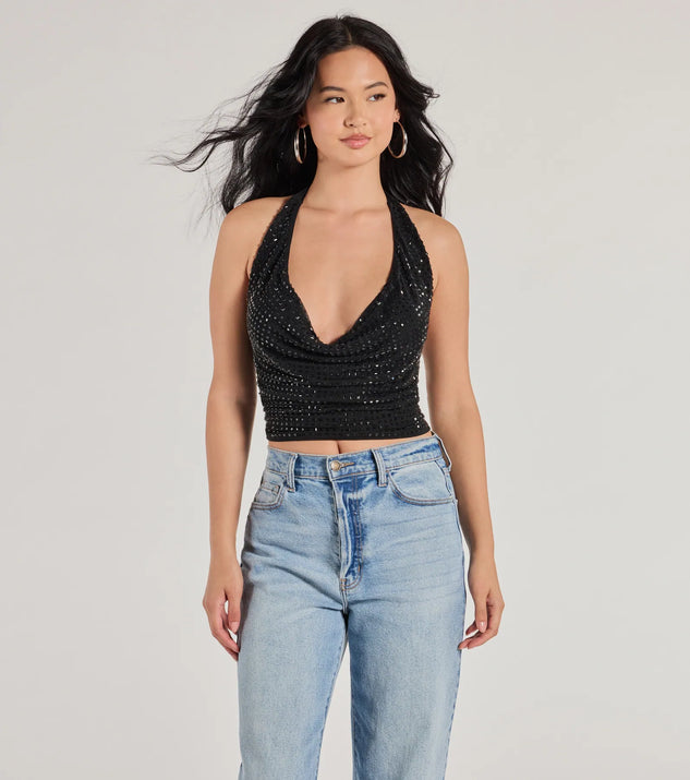 The Glitzy Chic Cropped Rhinestone Halter Top in black with a modern design and trendy look is part of the latest women's tops collection to elevate your 2025 wardrobe.