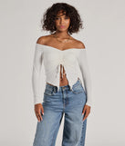 The Adorable Flirt Off-The-Shoulder Knit Top in ivory with a modern design and trendy look is part of the latest women's tops collection to elevate your 2025 wardrobe.