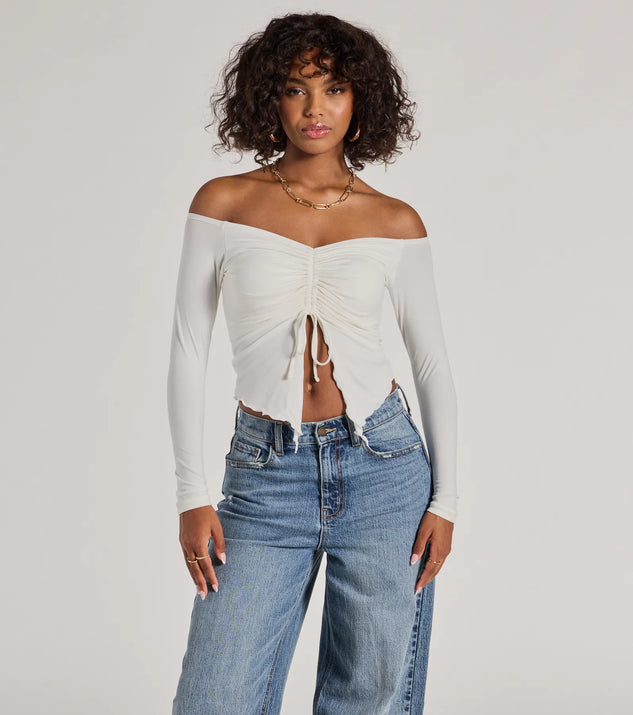 The Adorable Flirt Off-The-Shoulder Knit Top in ivory with a modern design and trendy look is part of the latest women's tops collection to elevate your 2025 wardrobe.