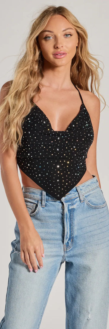 The Sparkly Glitz Rhinestone Halter Crop Top in black with a modern design and trendy look is part of the latest women's tops collection to elevate your 2025 wardrobe.