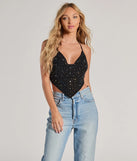 The Sparkly Glitz Rhinestone Halter Crop Top in black with a modern design and trendy look is part of the latest women's tops collection to elevate your 2025 wardrobe.