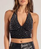 Celebrate in style with this stunning black going-out outfit essential, the Sparkly Babe Rhinestone Mesh Halter Crop Top, featuring the latest statement-making details and a glamorous design perfect for any festive 2025 event.