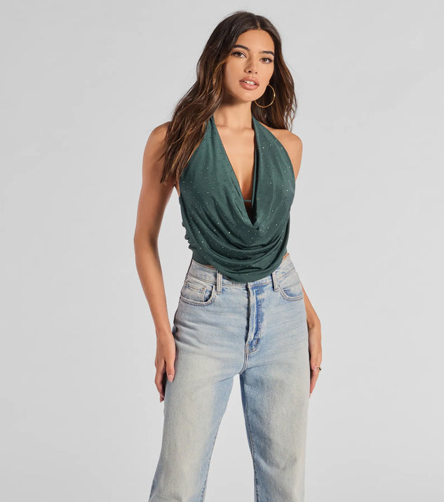 The Sultry Flair Rhinestone Knit Halter Crop Top in emerald green with a modern design and trendy look is part of the latest women's tops collection to elevate your 2025 wardrobe.