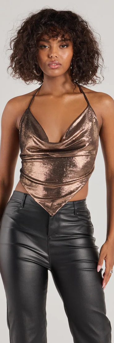 The Flashy And Fierce Metallic Knit Halter Crop Top in bronze with a modern design and trendy look is part of the latest women's tops collection to elevate your 2025 wardrobe.