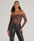 The Sultry Leopard Print Mesh Off-The-Shoulder Top in leopard print with a modern design and trendy look is part of the latest women's tops collection to elevate your 2025 wardrobe.