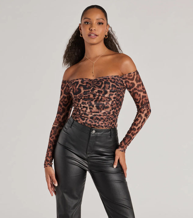 The Sultry Leopard Print Mesh Off-The-Shoulder Top in leopard print with a modern design and trendy look is part of the latest women's tops collection to elevate your 2025 wardrobe.