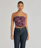 The Floral Passion Ruched Cropped Corset Top in plum with a modern design and trendy look is part of the latest women's tops collection to elevate your 2025 wardrobe.