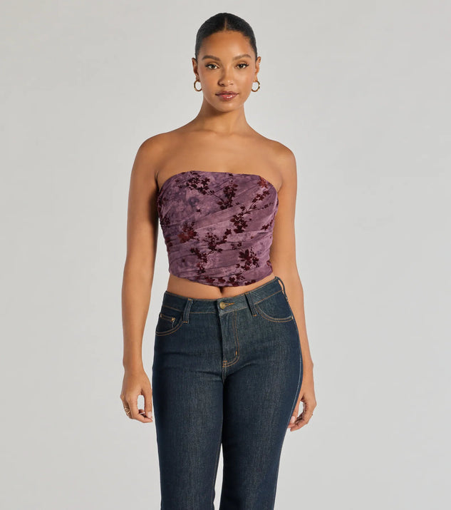 The Floral Passion Ruched Cropped Corset Top in plum with a modern design and trendy look is part of the latest women's tops collection to elevate your 2025 wardrobe.