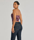 The party-ready Floral Passion Ruched Cropped Corset Top is a plum going-out top showcasing a seasonal color and modern silhouette to create outfits for date nights, cocktail parties, or clubwear.