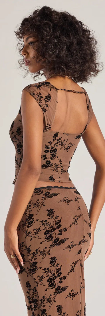The Romantic Aura Flocked Floral Mesh Bustier Top in mocha brown with a modern design and trendy look is part of the latest women's tops collection to elevate your 2025 wardrobe.