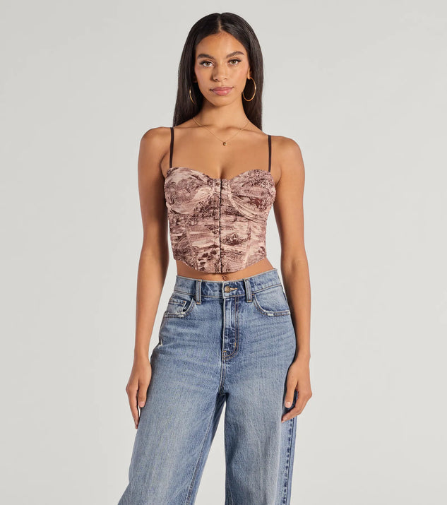 The Stunning View Scenic Print Mesh Bustier Top in brown with a modern design and trendy look is part of the latest women's tops collection to elevate your 2025 wardrobe.