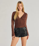 The Glam Flair Long Sleeve Lace Top in brown with a modern design and trendy look is part of the latest women's tops collection to elevate your 2025 wardrobe.