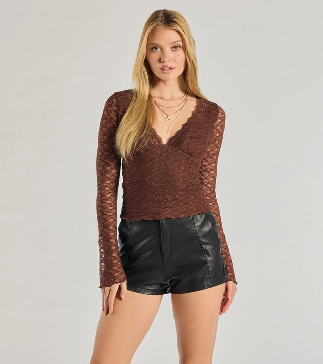 The Glam Flair Long Sleeve Lace Top in brown with a modern design and trendy look is part of the latest women's tops collection to elevate your 2025 wardrobe.