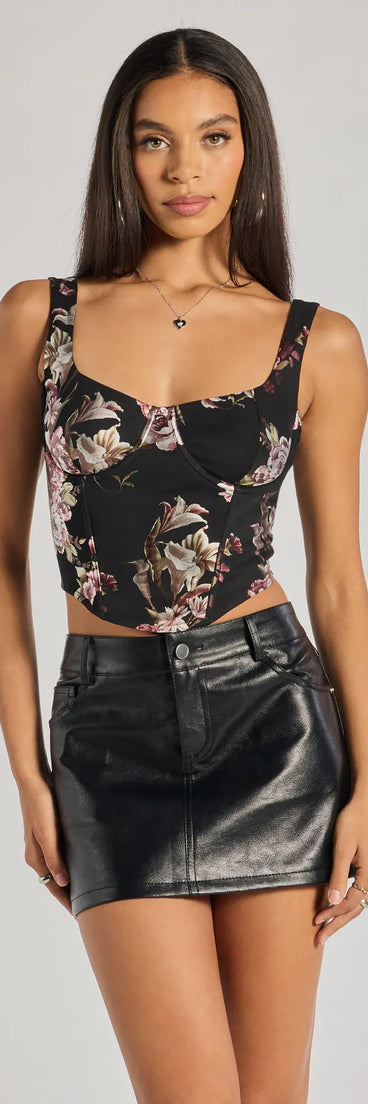 The Bold Beauty Foiled Floral Mesh Cropped Bustier Top in black with a modern design and trendy look is part of the latest women's tops collection to elevate your 2025 wardrobe.