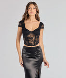The Lace Romance Cap Sleeve Bustier in black with a modern design and trendy look is part of the latest women's tops collection to elevate your 2025 wardrobe.