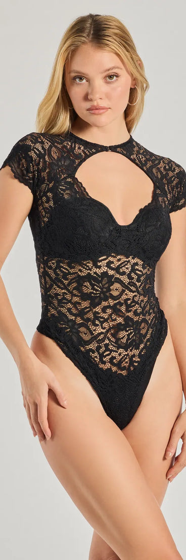 The Sultry Glam Cutout Lace Bodysuit in black with a modern design and trendy look is part of the latest women's tops collection to elevate your 2025 wardrobe.