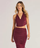 Effortlessly create party outfits or vacation-ready looks with the Sculpted Chic Ruched Halter Top, one part of a versatile women's burgundy matching set perfect for quick and easy outfit combinations from layering chic outfits to transitioning your look seamlessly.