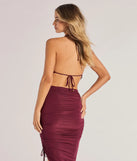 Serve effortless style and scroll-stopping energy in the Sculpted Chic Ruched Halter Top, part of a burgundy matching clothing set that does the work for you with bold, polished vibes from top to bottom.