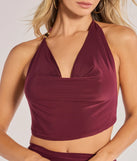 Effortlessly create party outfits or vacation-ready looks with the Sculpted Chic Ruched Halter Top, one part of a versatile women's burgundy matching set perfect for quick and easy outfit combinations from layering chic outfits to transitioning your look seamlessly.