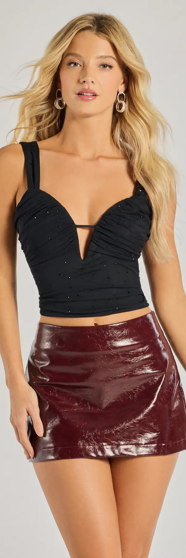 The Such A Vibe Rhinestone Mesh Crop Top in black with a modern design and trendy look is part of the latest women's tops collection to elevate your 2025 wardrobe.