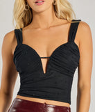 The Such A Vibe Rhinestone Mesh Crop Top in black with a modern design and trendy look is part of the latest women's tops collection to elevate your 2025 wardrobe.