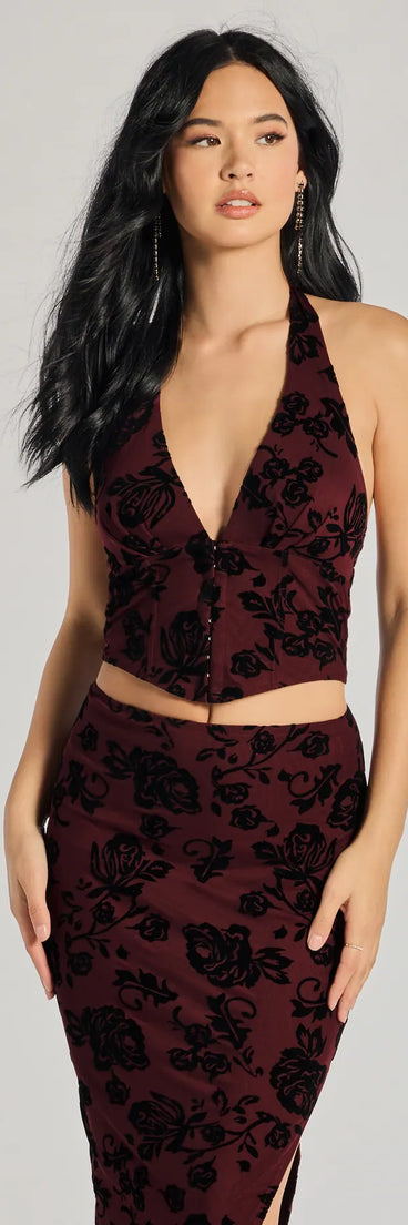 Serve effortless style and scroll-stopping energy in the Luxe Wonder Flocked Velvet Floral Halter Top, part of a plum matching clothing set that does the work for you with bold, polished vibes from top to bottom.