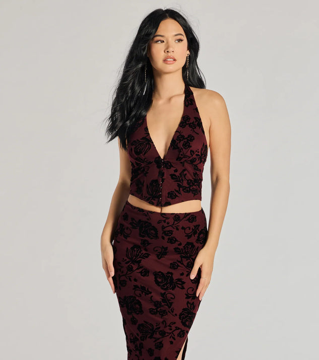 Luxe Wonder Flocked Velvet Floral Halter Top | Windsor Luxe Wonder Flocked Velvet Floral Halter Top | Windsor