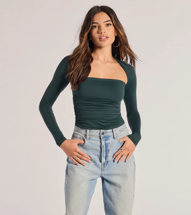 The Effortlessly Chic Long Sleeve Ruched Top in hunter green with a modern design and trendy look is part of the latest women's tops collection to elevate your 2025 wardrobe.