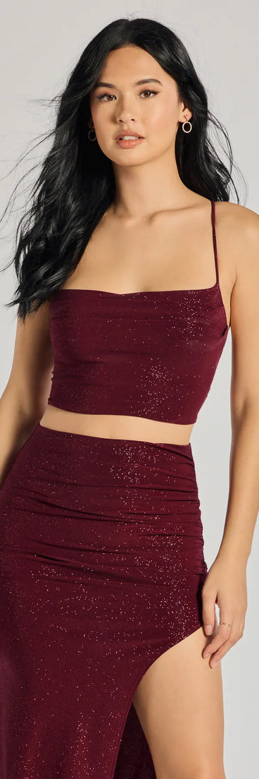 The Glitzy Affair Cowl Neck Glitter Crop Top in burgundy with a modern design and trendy look is part of the latest women's tops collection to elevate your 2025 wardrobe.