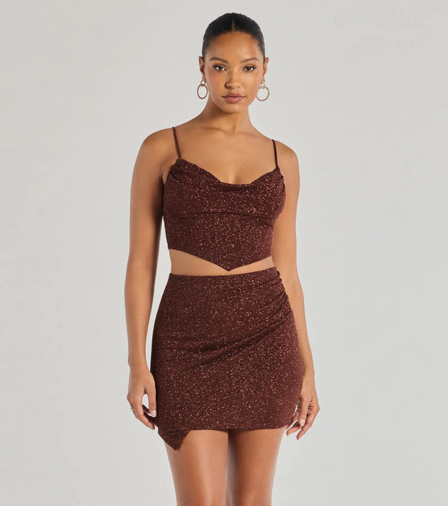The Glowing Radiance Sleeveless Glitter Crop Top in brown with a modern design and trendy look is part of the latest women's tops collection to elevate your 2025 wardrobe.