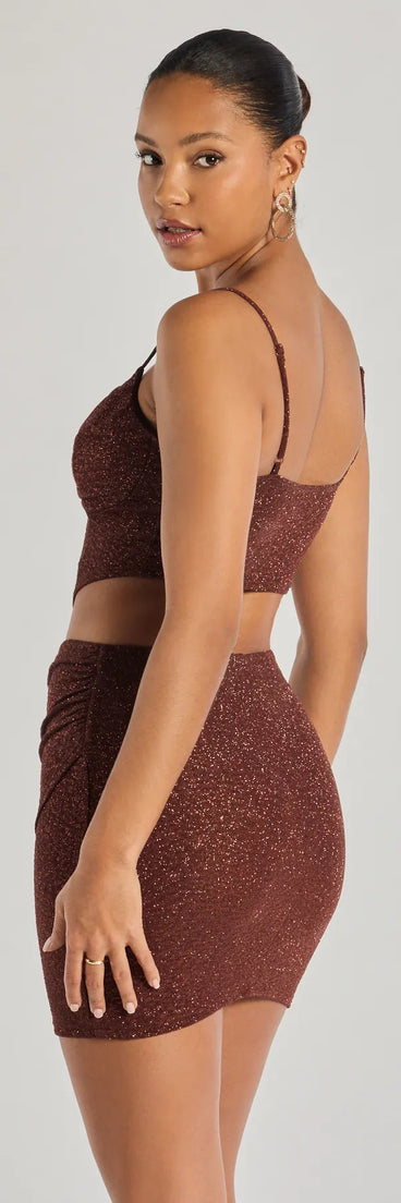 The Glowing Radiance Sleeveless Glitter Crop Top in brown with a modern design and trendy look is part of the latest women's tops collection to elevate your 2025 wardrobe.