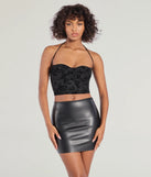 The Chic Flirt Velvet Flocked Floral Halter Bustier Top in black with a modern design and trendy look is part of the latest women's tops collection to elevate your 2025 wardrobe.