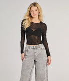 The Sheer Glitz Long Sleeve Beaded Rhinestone Crop Top in black with a modern design and trendy look is part of the latest women's tops collection to elevate your 2025 wardrobe.
