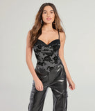 The Sultry Stunner Floral Velvet Burnout Bustier Top in charcoal with a modern design and trendy look is part of the latest women's tops collection to elevate your 2025 wardrobe.