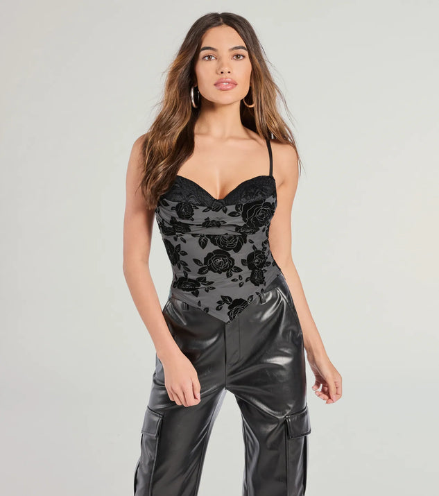 The Sultry Stunner Floral Velvet Burnout Bustier Top in charcoal with a modern design and trendy look is part of the latest women's tops collection to elevate your 2025 wardrobe.