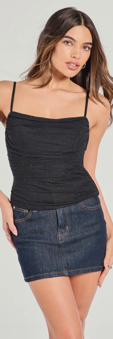 The Chic Shimmer Rhinestone Mesh Cowl Neck Top in black with a modern design and trendy look is part of the latest women's tops collection to elevate your 2025 wardrobe.