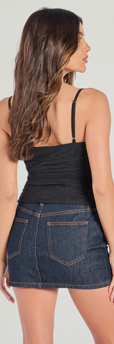 For college campus looks, game day outfits, or a bold going-out vibe, the Chic Shimmer Rhinestone Mesh Cowl Neck Top is an on-trend black crop top that easily styles with your favorite denim.
