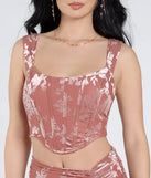 With its midriff cut and trend-forward fit, the Forever In Love Floral Velvet Burnout Corset Top is a rose crop top made to pair with skirts, denim, or whatever vibe you're feeling this season.